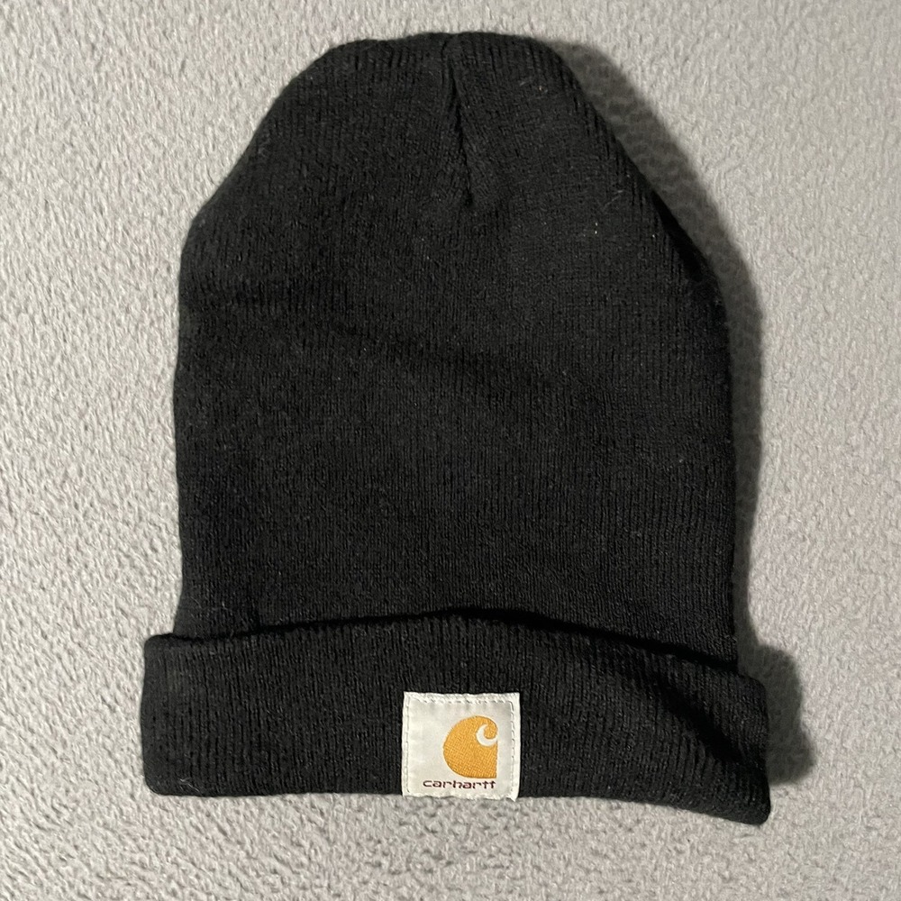 Vintage CARHARTT Beanie Winter Hat Cap Mens Black Acrylic Work Knit Cuffed